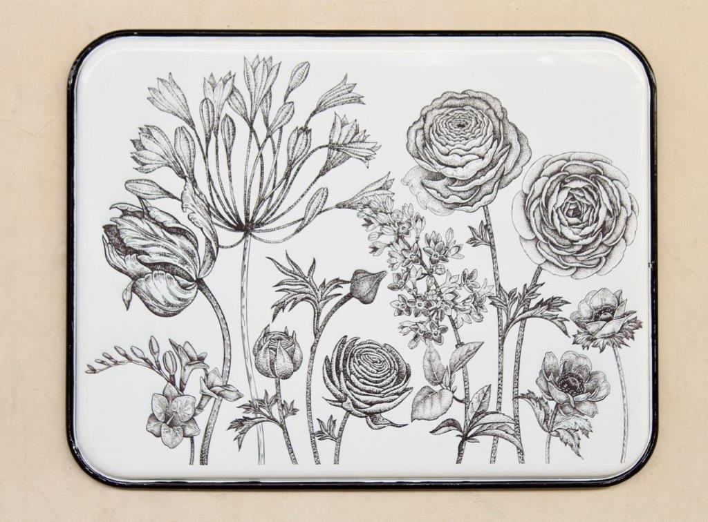 Large Black & White Enamel Floral Plaque